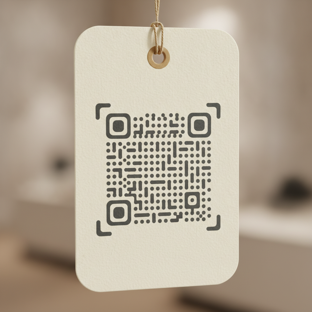 A stylish QR code with rounded dot modules and softened corner markers printed on a cream product hang-tag