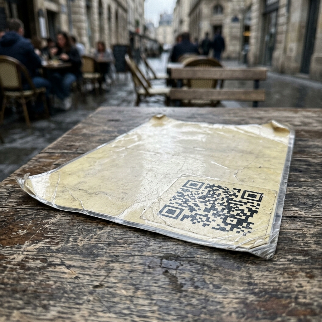 Weathered QR code on a laminated restaurant menu left outdoors