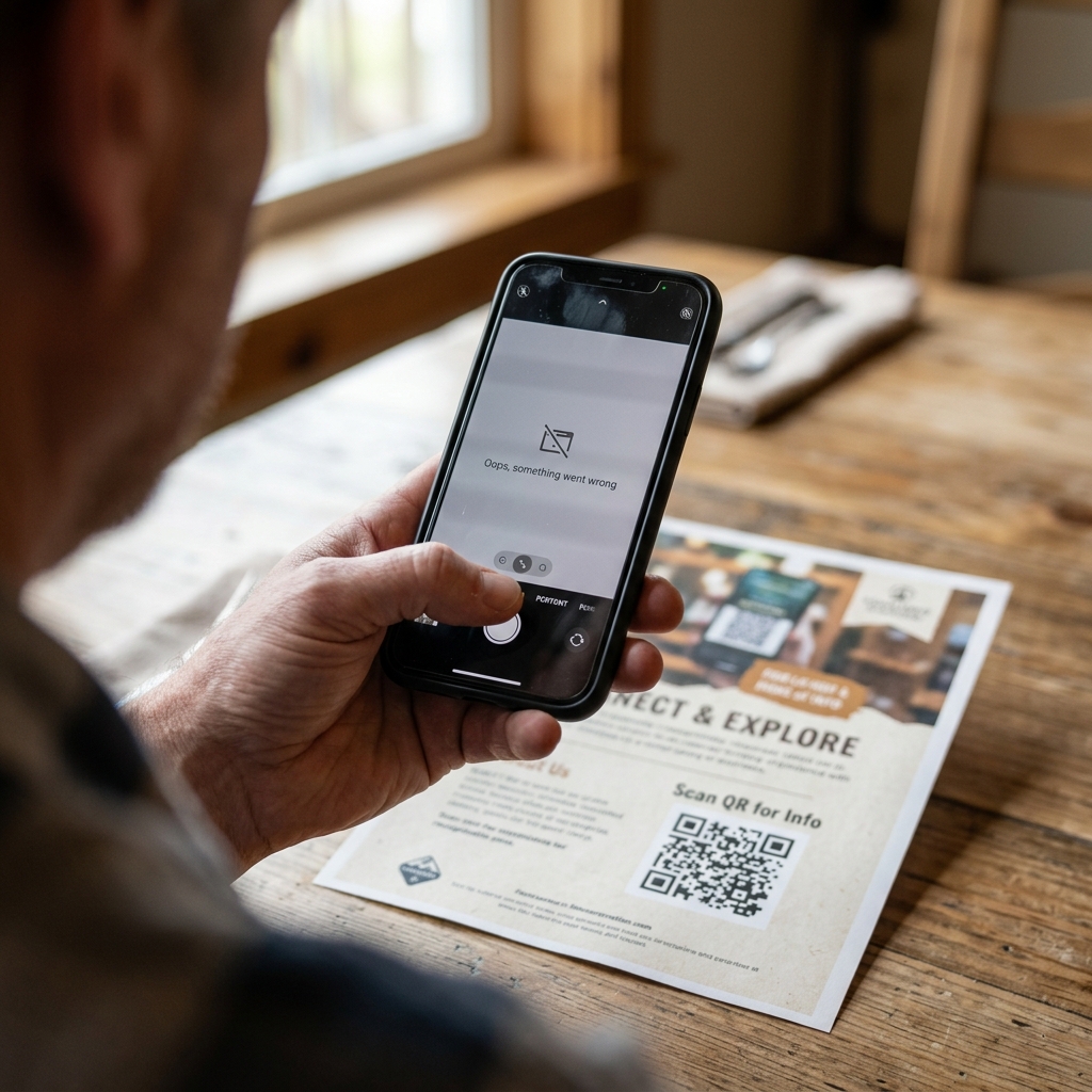 Phone scanning a printed QR code and displaying a page-not-found error