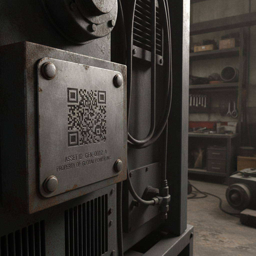 A weathered laser-etched metal asset tag with a QR code riveted onto industrial equipment in a workshop
