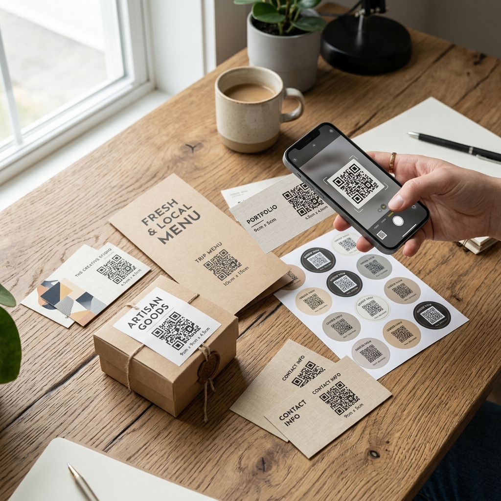 Business cards, packaging and a menu laid out for a QR code audit with a phone scanning one