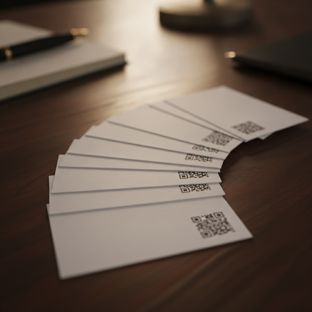 A fanned-out stack of business cards on a dark wood desk, each showing a small QR code in the corner