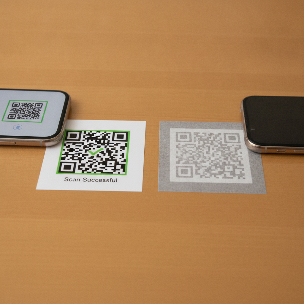 Two printed QR codes side by side, a phone showing a green successful scan over the high-contrast black-on-white code and no scan reaction at all over the washed-out gray-on-gray code