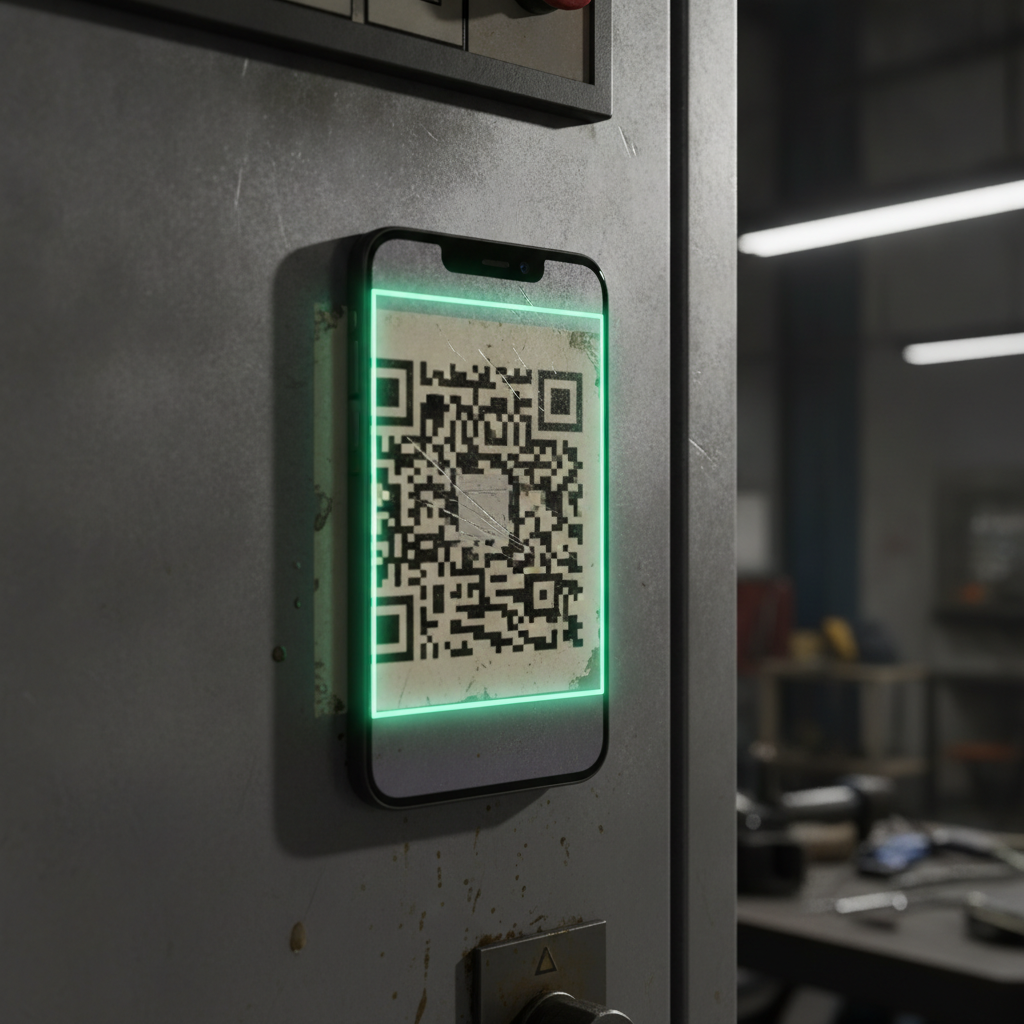 A smartphone scanning a scratched QR code sticker on an industrial metal panel, showing a green successful-scan outline despite visible damage