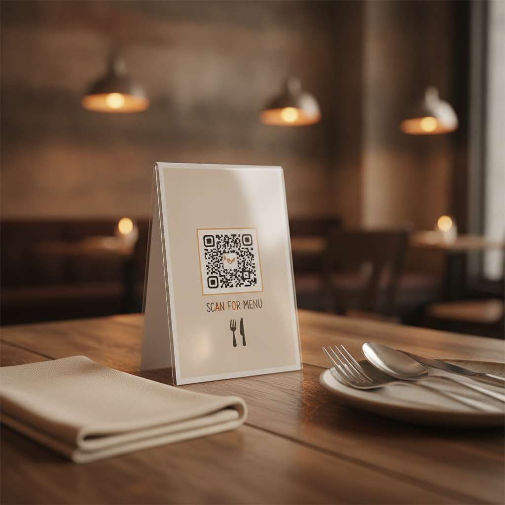 A laminated restaurant table tent card with a QR code standing on a wooden table beside cutlery and a folded napkin