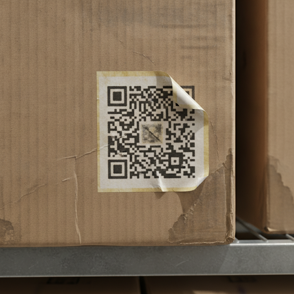 A torn, peeling QR code sticker on a worn cardboard shipping box