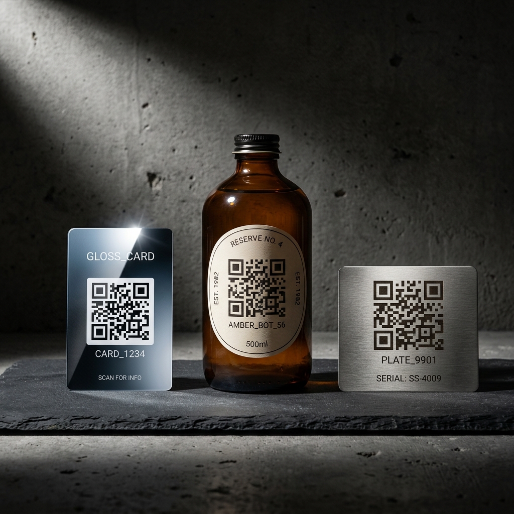 QR codes printed on glossy card, a curved bottle, and etched metal, showing how surface affects scanning