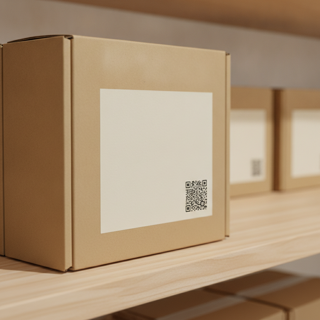 A minimalist cardboard product box on a retail shelf with a small QR code printed on its side label