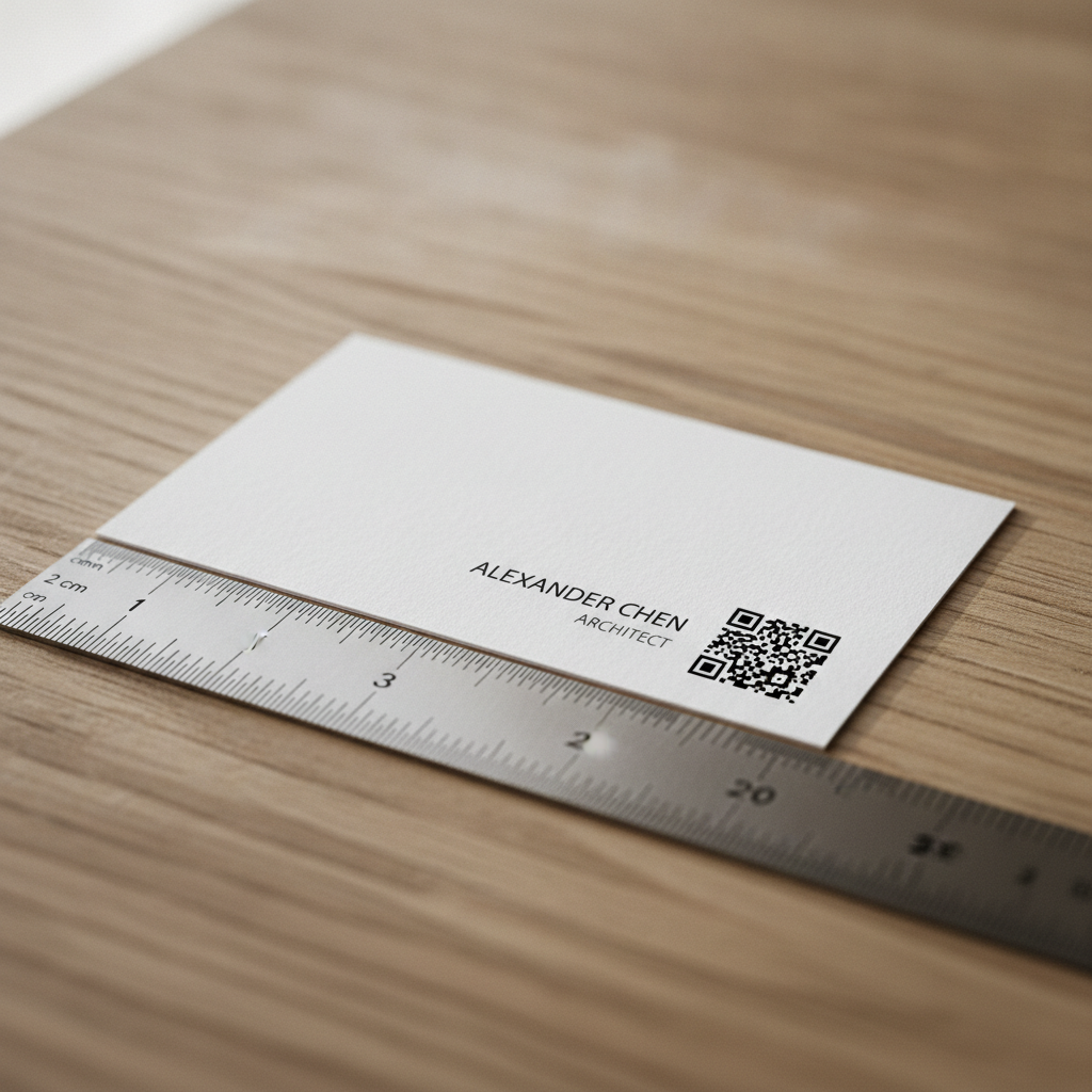 Macro photo of a QR code printed in the corner of a white business card next to a ruler showing it measures about 2 centimeters wide