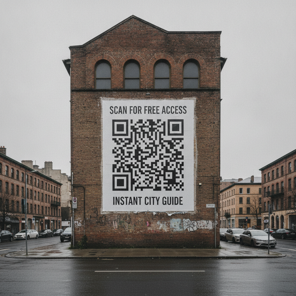 A large QR code poster on a brick building wall, photographed from across the street to show how it reads at distance