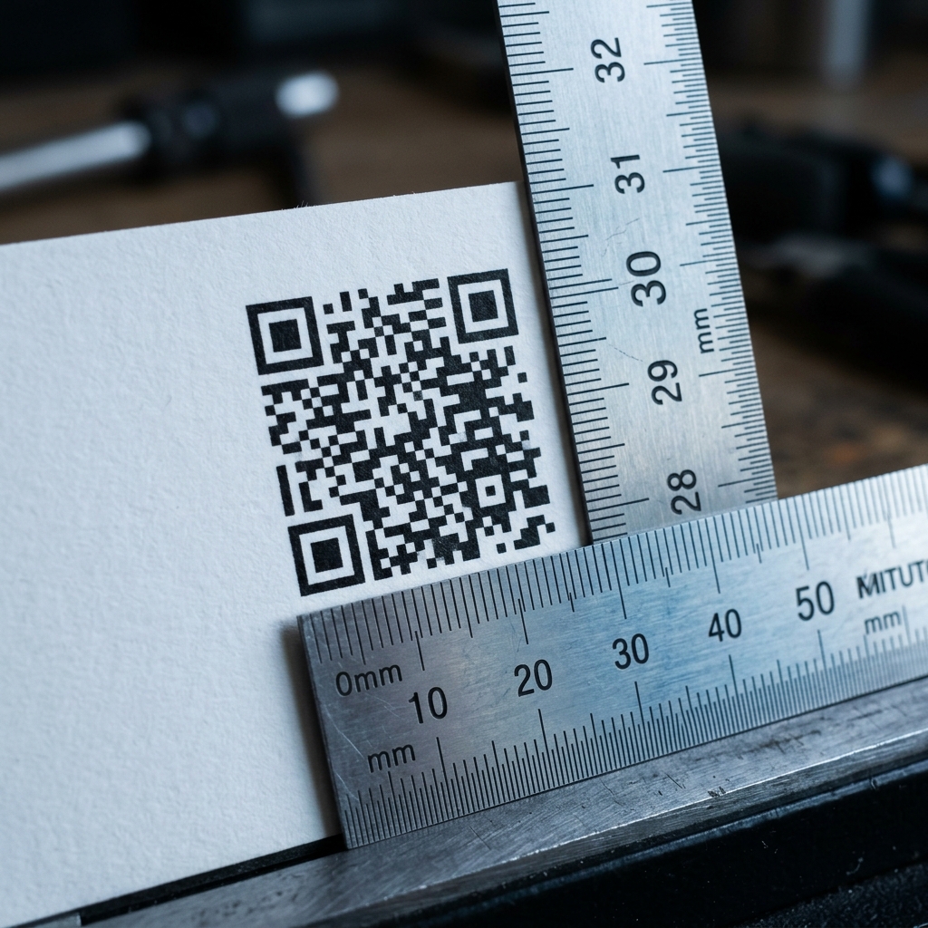 QR code printed on paper beside a steel ruler measuring its width