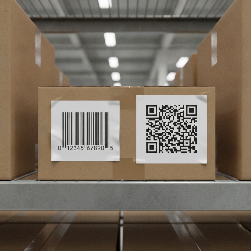 Two shipping box labels side by side on a warehouse shelf, one with a traditional 1D barcode and one with a QR code