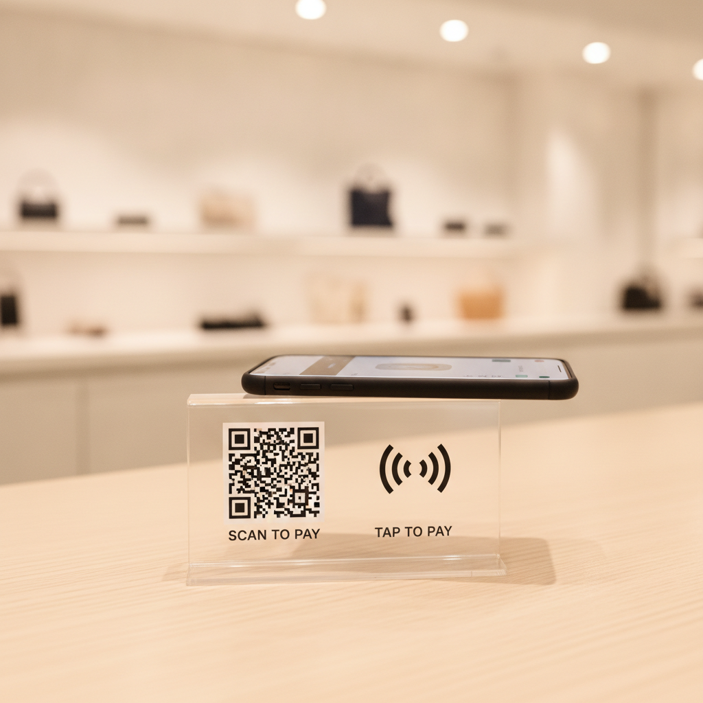 A retail countertop sign with a QR code on one side and an NFC tap icon on the other, a smartphone hovering near it
