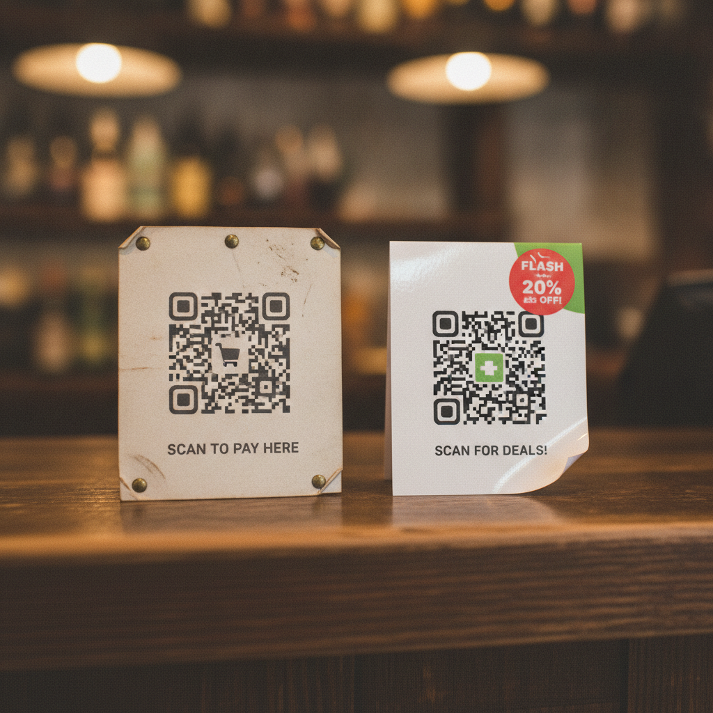 Two printed QR code signs side by side on a bar counter, one worn and riveted looking permanent, the other glossy with a flash sale badge looking temporary